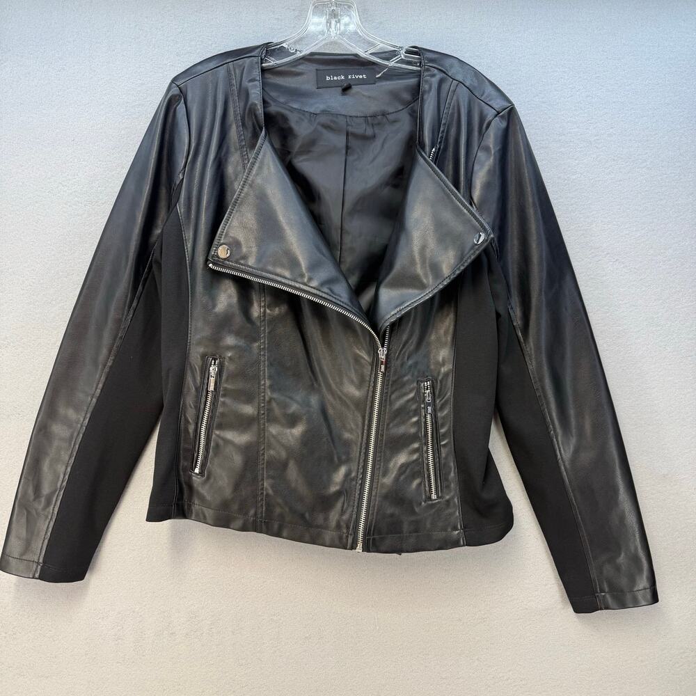 Black Rivet Vegan Leather Jacket Women's L Black GIII Moto Motorcycle Stretch